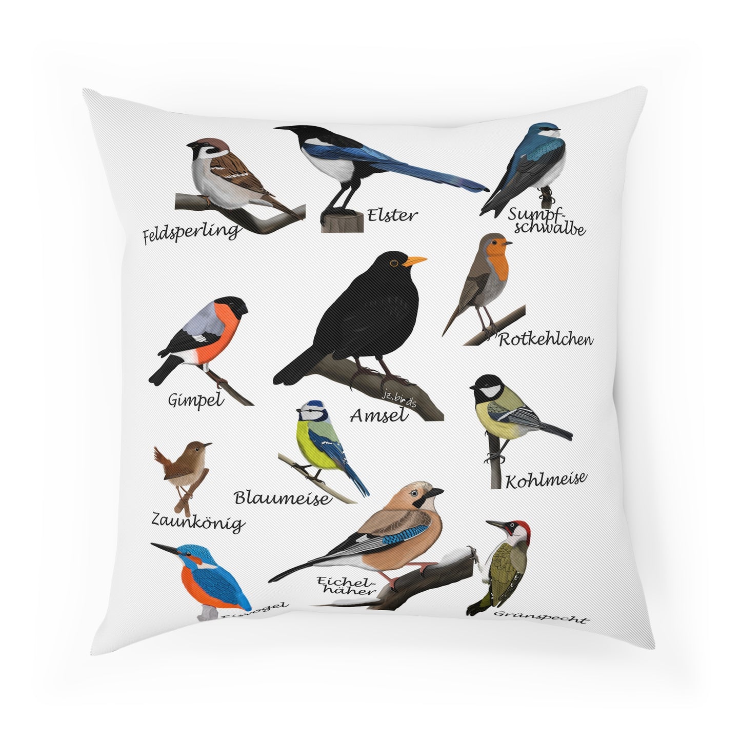 Gartenvögel Vogel Kissen – Dekokissen mit Amsel Rotkehlchen Blaumeise Zaunkönig Vogelmotiv für Vogelliebhaber und Vogelbeobachter