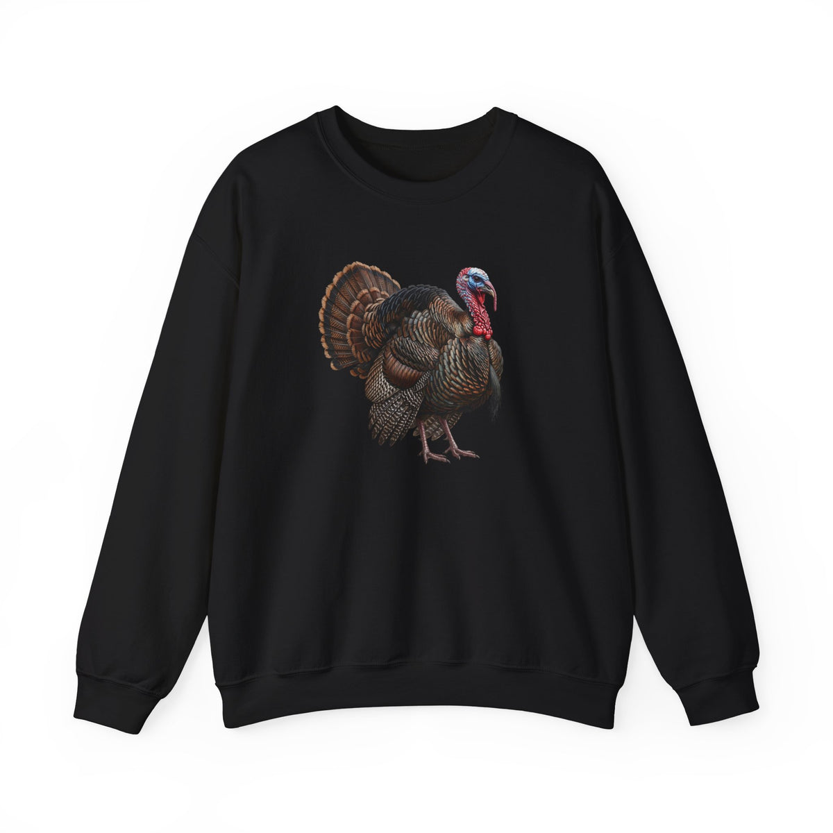 A black crewneck sweatshirt featuring a detailed graphic of a wild turkey on the center chest, displayed against a solid white background.