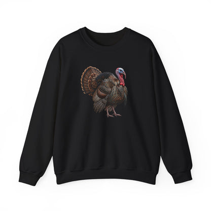 A black crewneck sweatshirt featuring a detailed graphic of a wild turkey on the center chest, displayed against a solid white background.