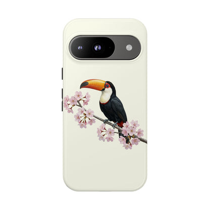 Tukan Handyhülle in Cremeweiß | Florales Kirschblüten Vogel-Motiv für iPhone & Google Pixel