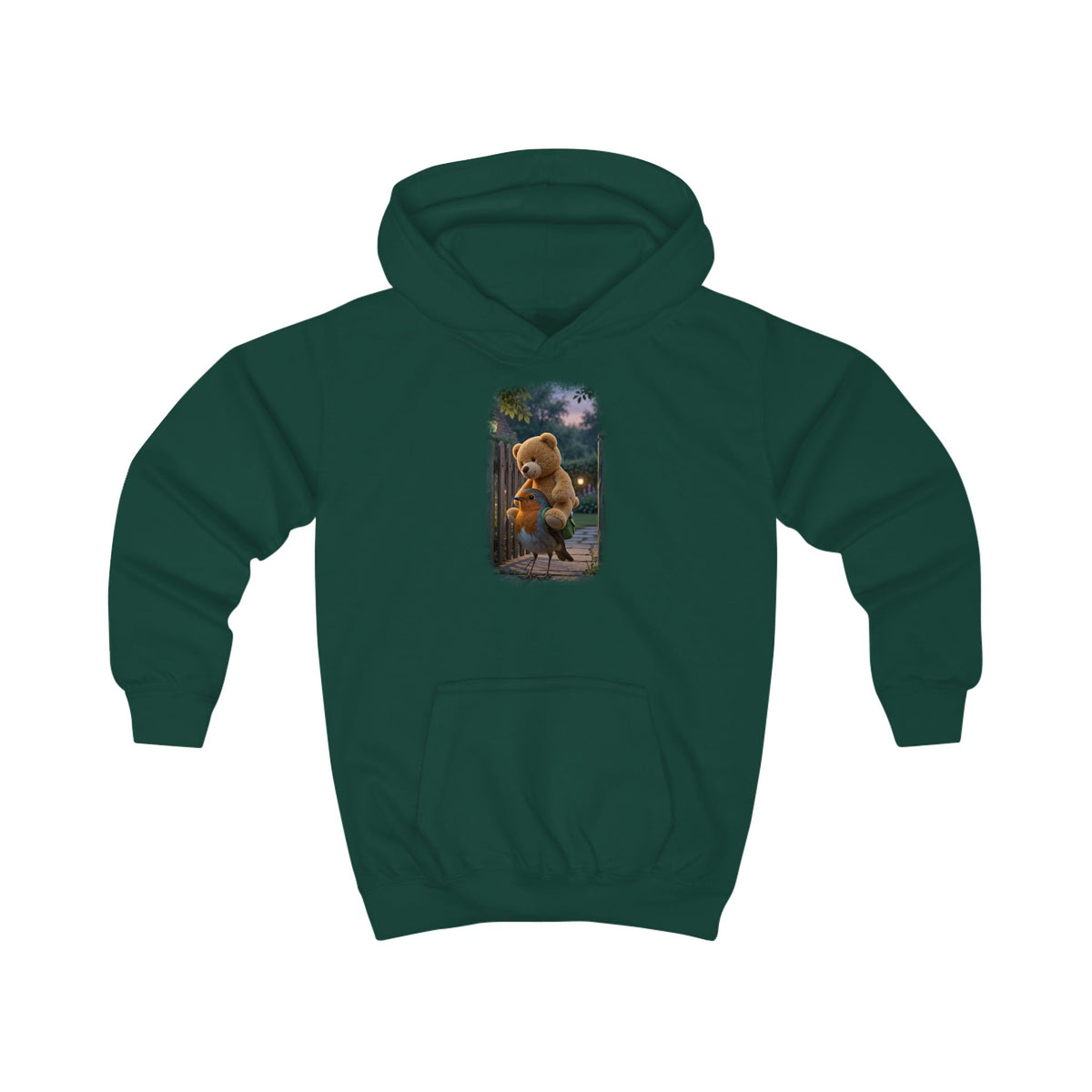Kuscheliger Kinder Hoodie Rosi Rotkehlchen & der Riesen-Teddy