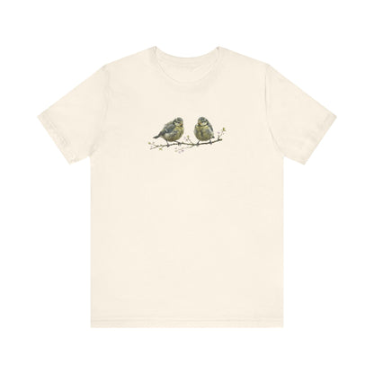 Blue Titmouse Fledgling T-Shirt | Spring Blossoms Unisex Graphic Tee for Bird Watchers