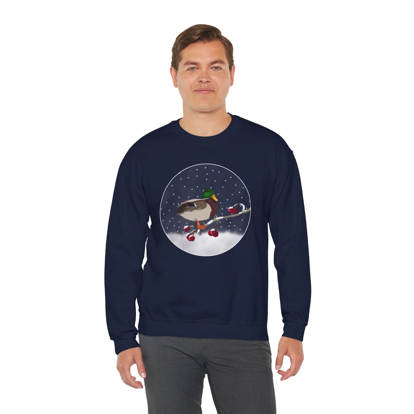 Mallard on a Winter Branch Birdwatcher Christmas Bird Sweatshirt