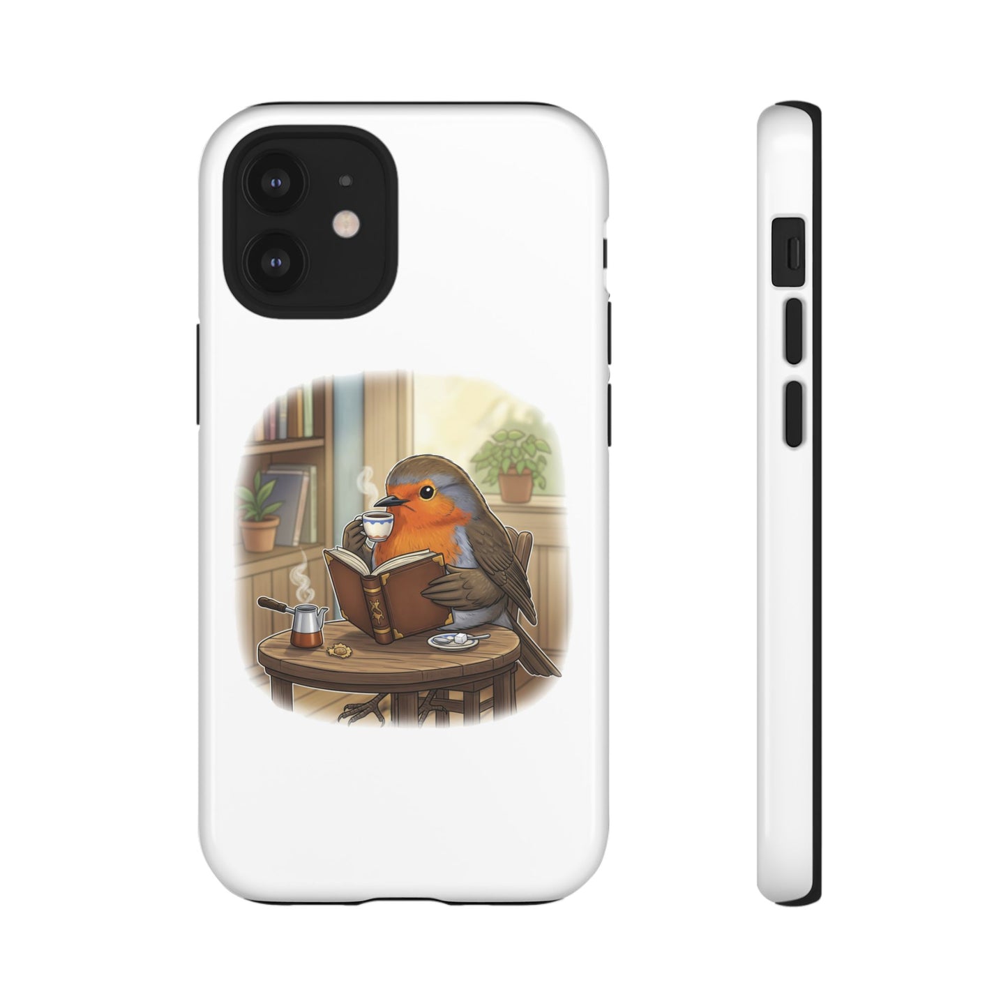 Rotkehlchen liest und trinkt Kaffee Premium Handyhülle – Doppelt Geschützt & Rundum Bedruckt Weiß
