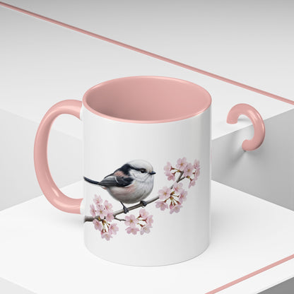 Schwanzmeise Tasse mit Kirschblüten | Rosa Keramiktasse für Vogelfreunde