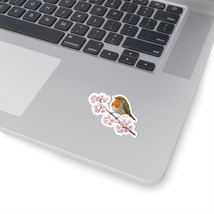 European Robin Cherry Blossom Sticker | Glossy Floral Bird Decal | Spring Laptop Sticker