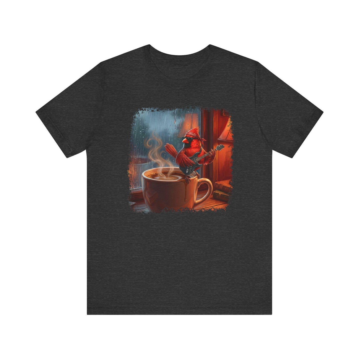 Vintage Lo-Fi Coffee & Rain Graphic Tee – Cardinal with Guitar Musician Shirt