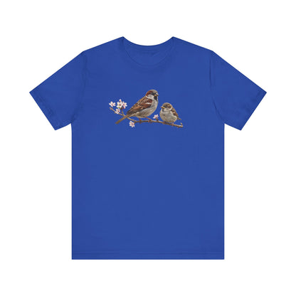 Tree Sparrow & Fledgling T-Shirt | Spring Blossoms Unisex Graphic Tee
