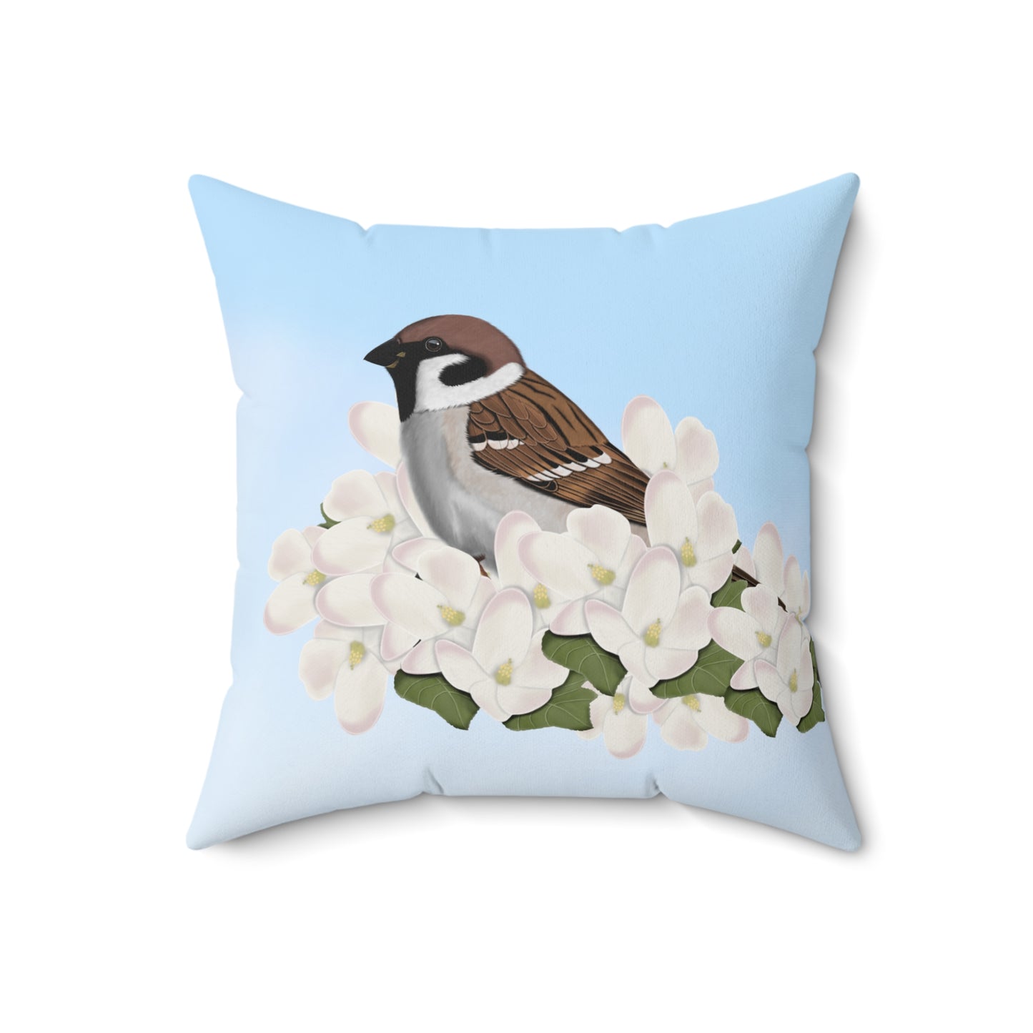 Sparrow and Apple Blossoms Bird Throw Pillow 16"x16"