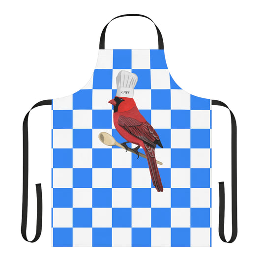 Northern Cardinal Kitchen Chef Bird Art Apron Blue and White Checkered