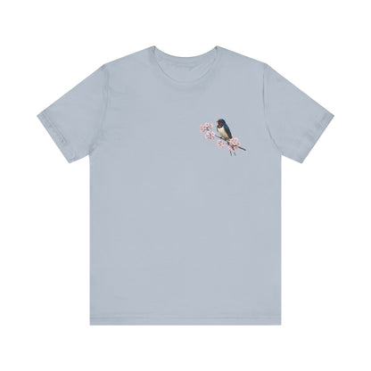 Barn Swallow Cherry Blossom T-Shirt | Floral Spring Tee for Bird Lovers