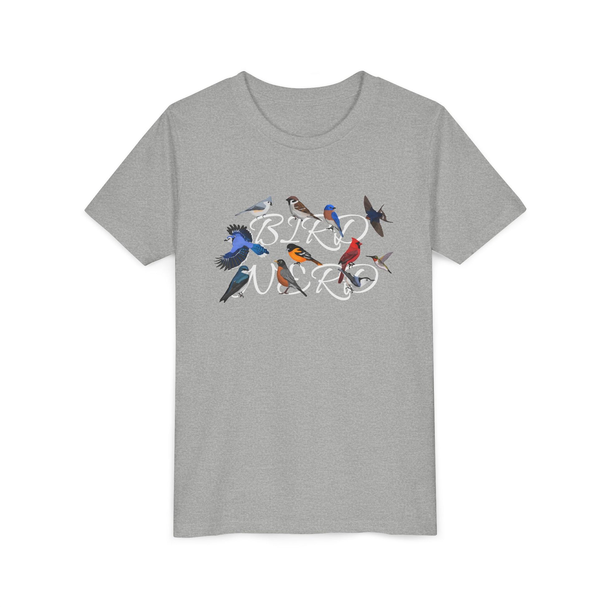 Bluebird, Blue Jay, Cardinal and Nuthatch Kids T-Shirts on Bright Clothing background
