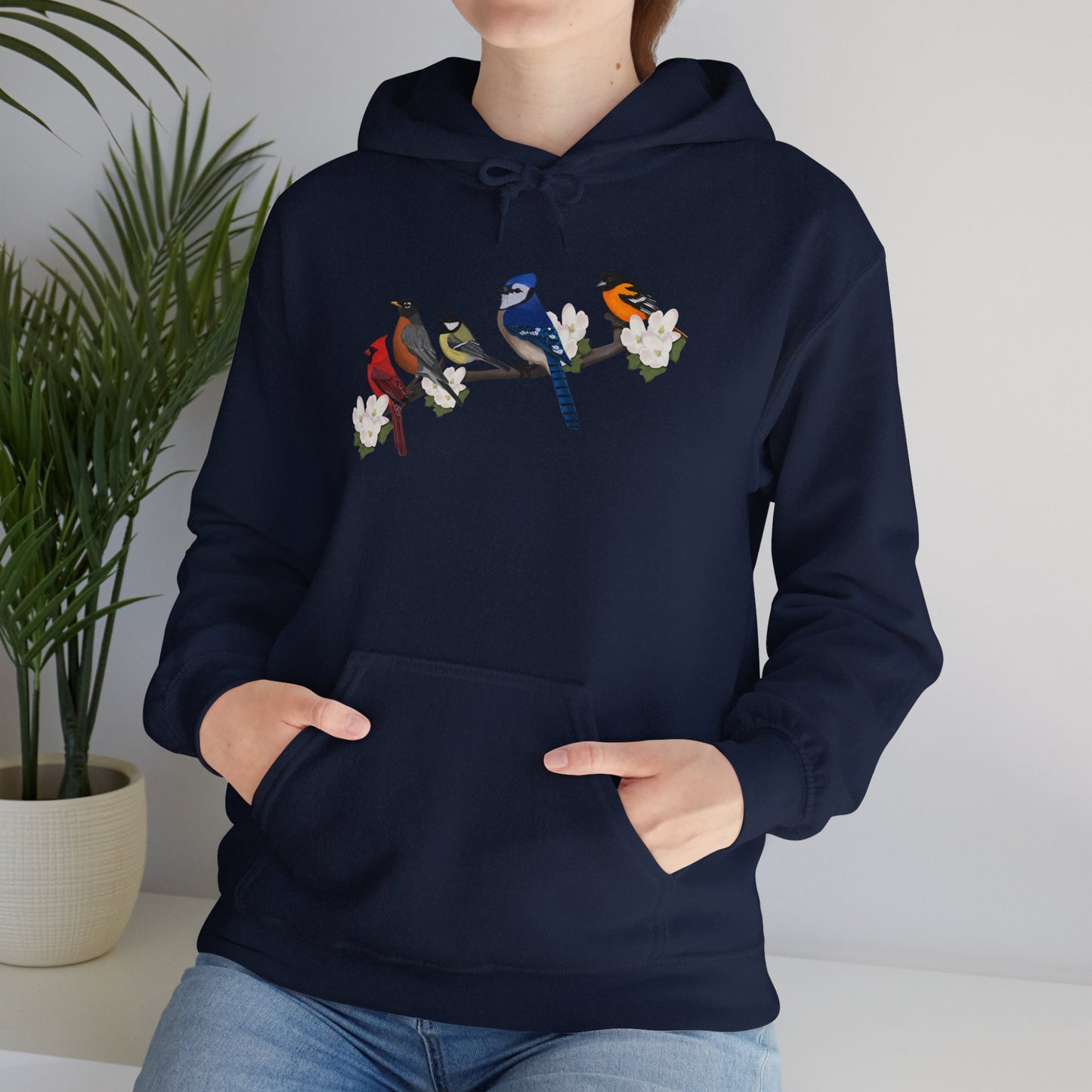 Backyard Birds on a Branch Blue Jay Cardinal Robin Chickadee Oriole Birdwatcher Hoodie