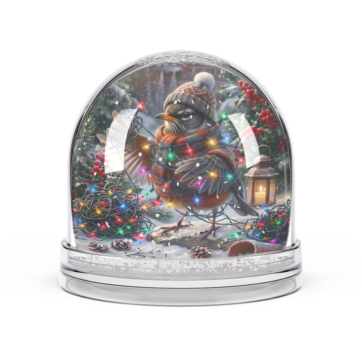 A clear glass snow globe featuring a detailed illustration of a robin wearing a knit hat and scarf, surrounded by Christmas lights, evergreen trees, pinecones, and a lantern, set on a clear circular base against a white background.