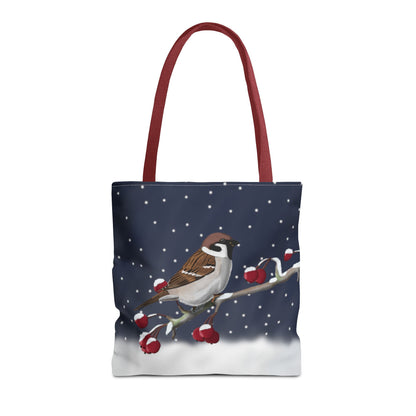 Tree Sparrow on a Winter Branch Christmas Bird Tote Bag 16"x16"