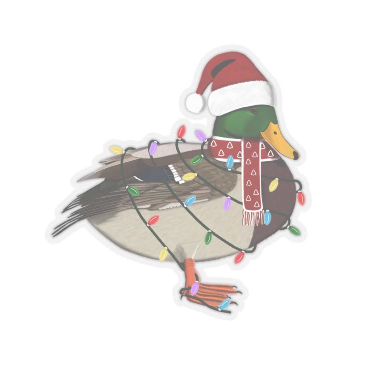 Mallard with Fairy Lights Santa Claus Hat and Scarf Christmas Bird Sticker