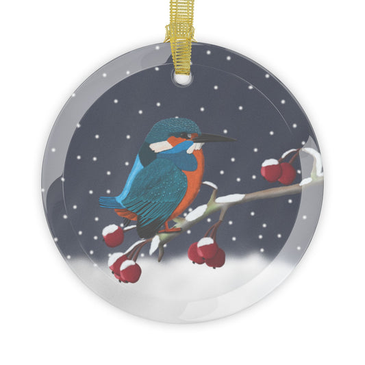 Kingfisher on a Winter Branch Christmas Bird Glass Ornament