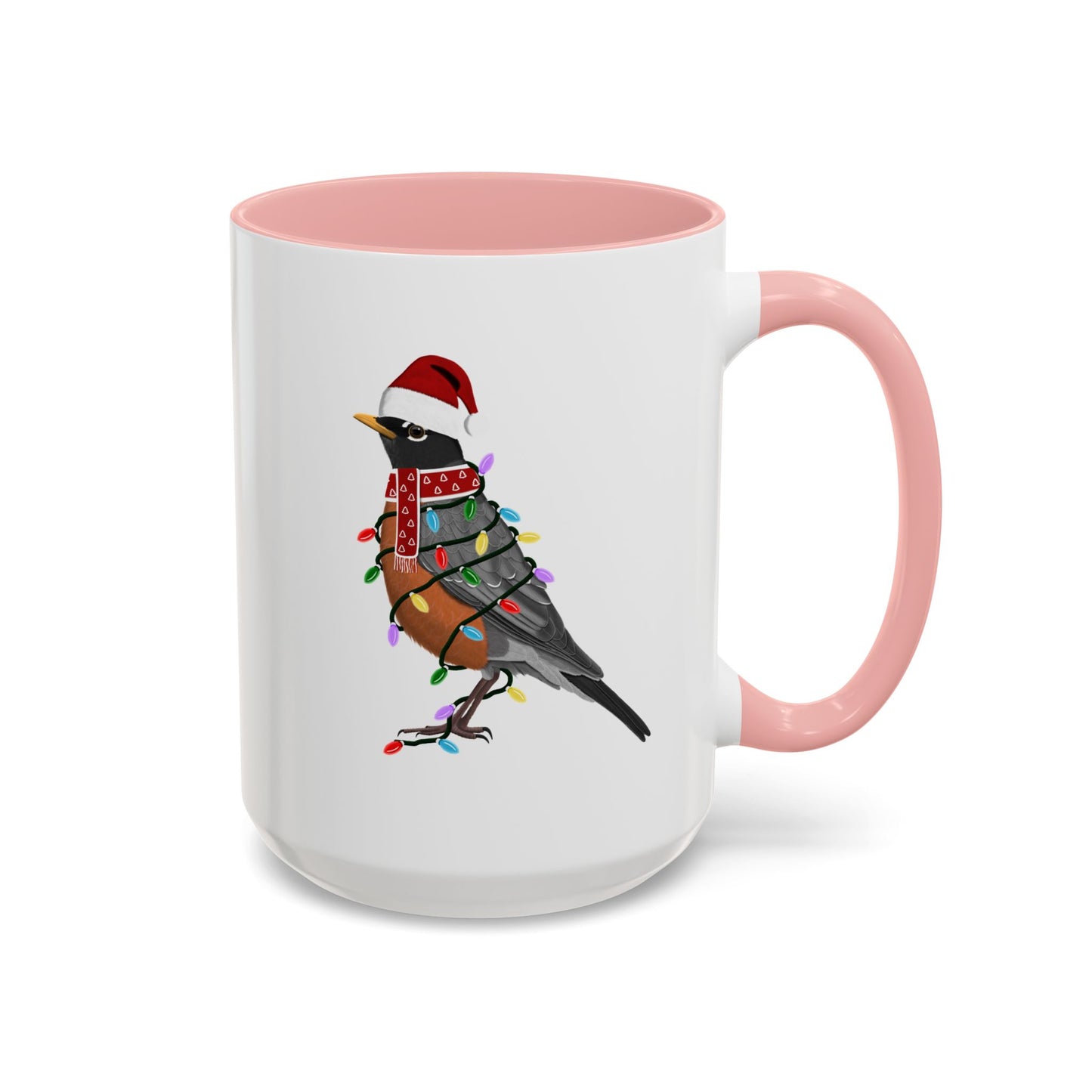 American Robin as Santa with Fairy Lights Ceramic Bird Coffee Mug – Custom Gift for Bird Watchers