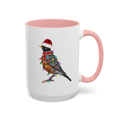 American Robin as Santa with Fairy Lights Ceramic Bird Coffee Mug – Custom Gift for Bird Watchers