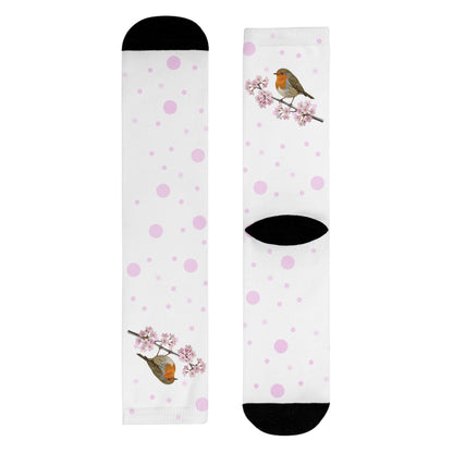Rotkehlchen Socken mit Kirschblüten | Weiß Rosa gepunktete Vogelmotiv Strümpfe