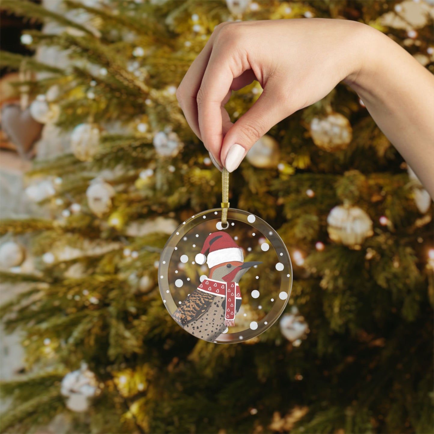 Northern Flicker as Santa Claus Christmas Bird Glass Ornament Transparent