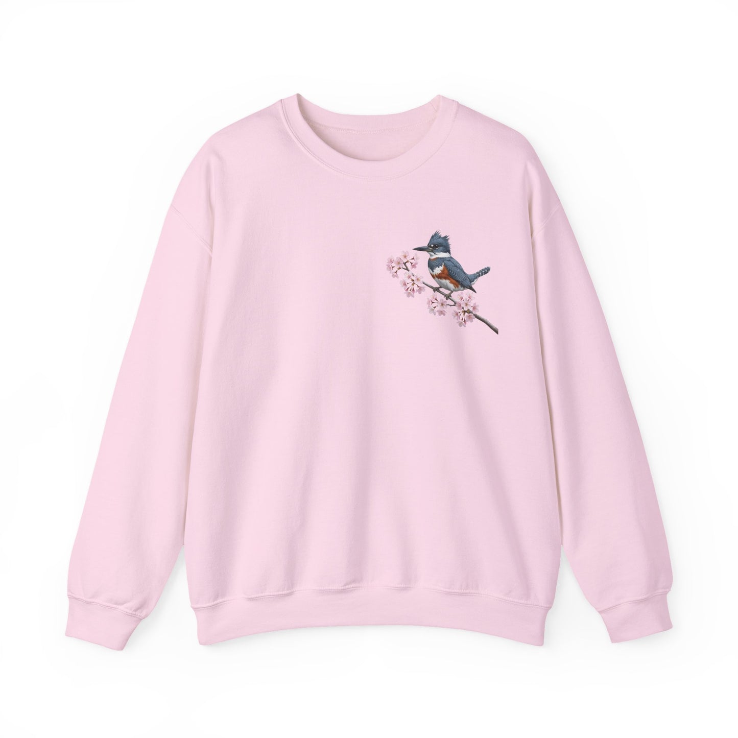 Belted Kingfisher Cherry Blossom Sweatshirt | Floral Bird Crewneck Cozy Spring Pullover – Animal Lover Gift,
