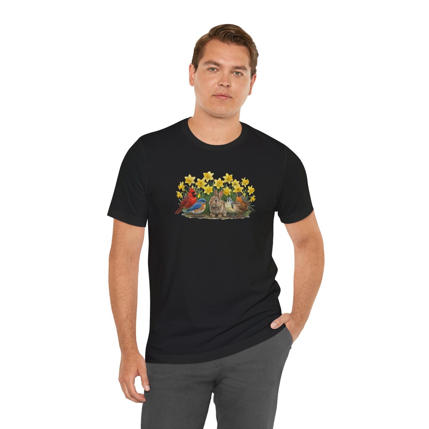 Spring Garden Tee – Bunny, Cardinal & Bluebird | Botanical Easter T-Shirt