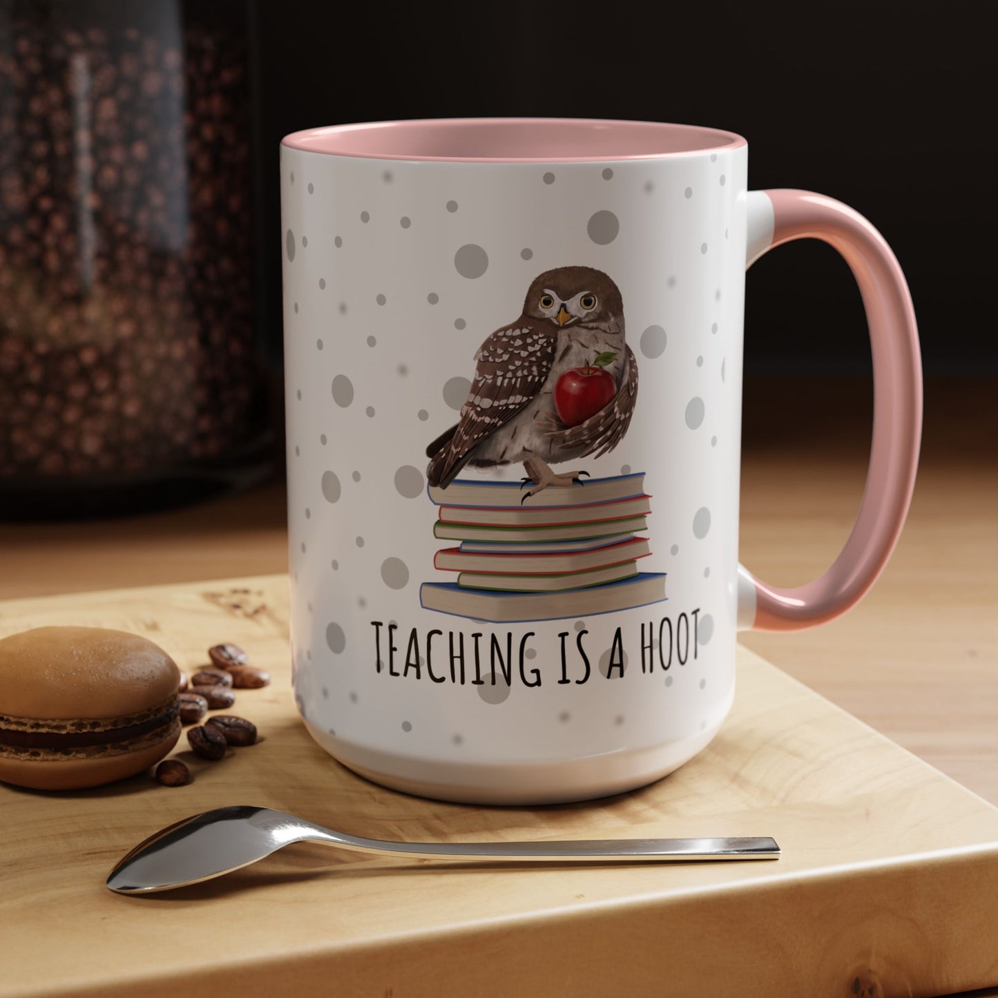 Cute Owl on Books Teacher Mug – Teaching is a Hoot – Two-Tone Classroom Coffee Cup