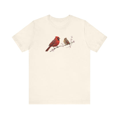 Northern Cardinal & Fledgling T-Shirt | Spring Blossoms Unisex Graphic Tee