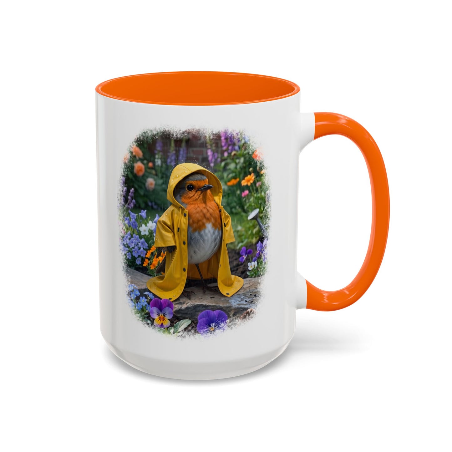 Robin Rosi Yellow Raincoat Garden Premium Mug for Bird Lovers