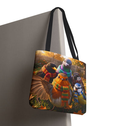 Gartenvögel Tragetasche „Rosis Gruppen-Selfie“ – Robuste Tote Bag mit Rotkehlchen, Amsel & Meise