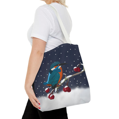 Kingfisher on a Winter Branch Christmas Bird Tote Bag 16"x16"