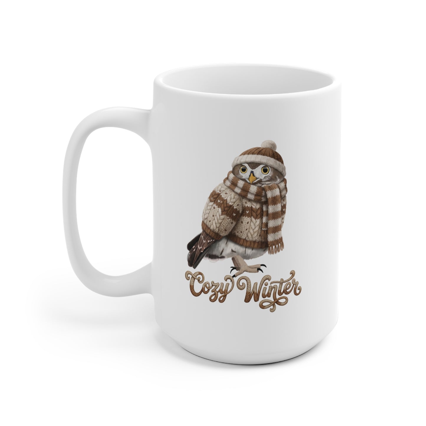 Eule mit Strickpullover Weihnachtliche Tasse mit Vogelmotiv Cozy Winter – Ideal für Kakao & Kaffee