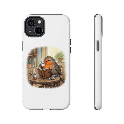 Rotkehlchen liest und trinkt Kaffee Premium Handyhülle – Doppelt Geschützt & Rundum Bedruckt Weiß