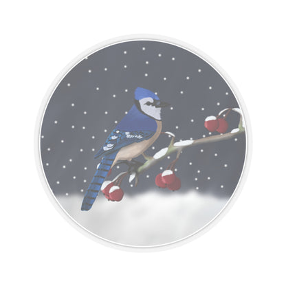 Blue Jay on a Winter Branch Christmas Bird Sticker