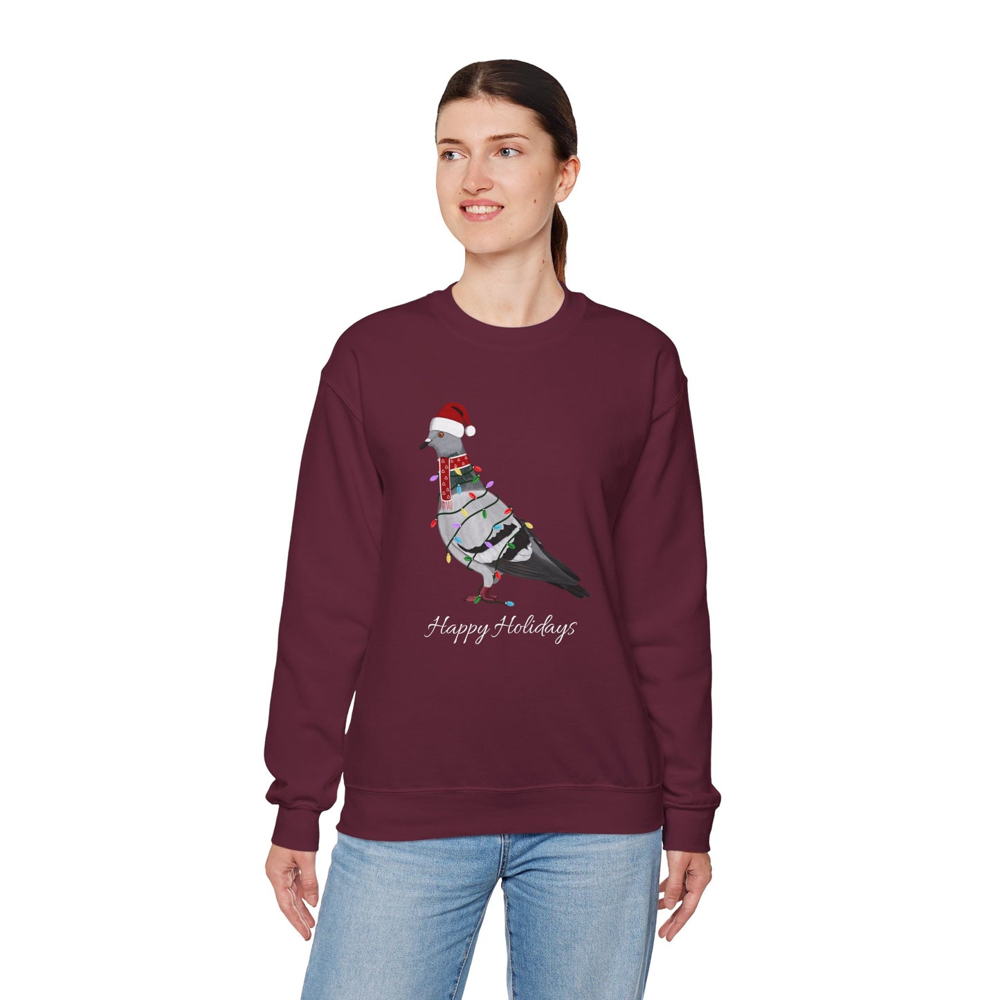 Pigeon with Fairy Lights as Santa Happy Holidays Birdwatcher Christmas Bird Sweatshirt