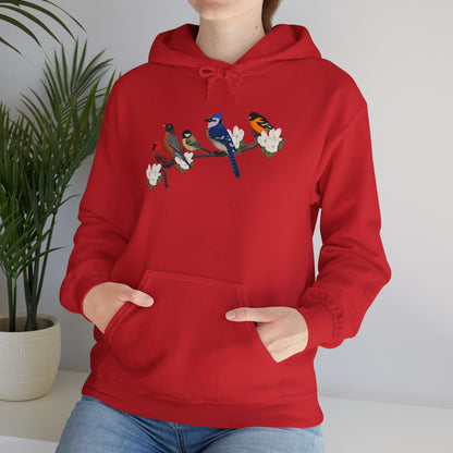 Backyard Birds on a Branch Blue Jay Cardinal Robin Chickadee Oriole Birdwatcher Hoodie