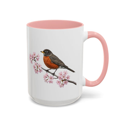 American Robin Cherry Blossom Mug | Pink Ceramic Coffee Cup for Bird Lovers