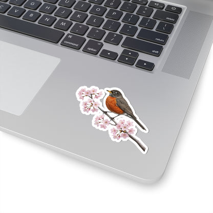 American Robin Cherry Blossom Sticker | Glossy Floral Bird Decal | Spring Laptop Sticker