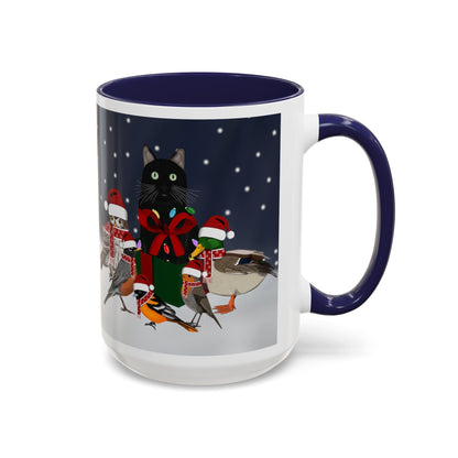 Robin Oriole Mallard Owl and Cat with Christmas Hat and Scarf Snow Bird Coffee Mug