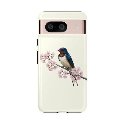 Rauchschwalbe Handyhülle in Cremeweiß | Florales Kirschblüten Vogel-Motiv für iPhone & Google Pixel