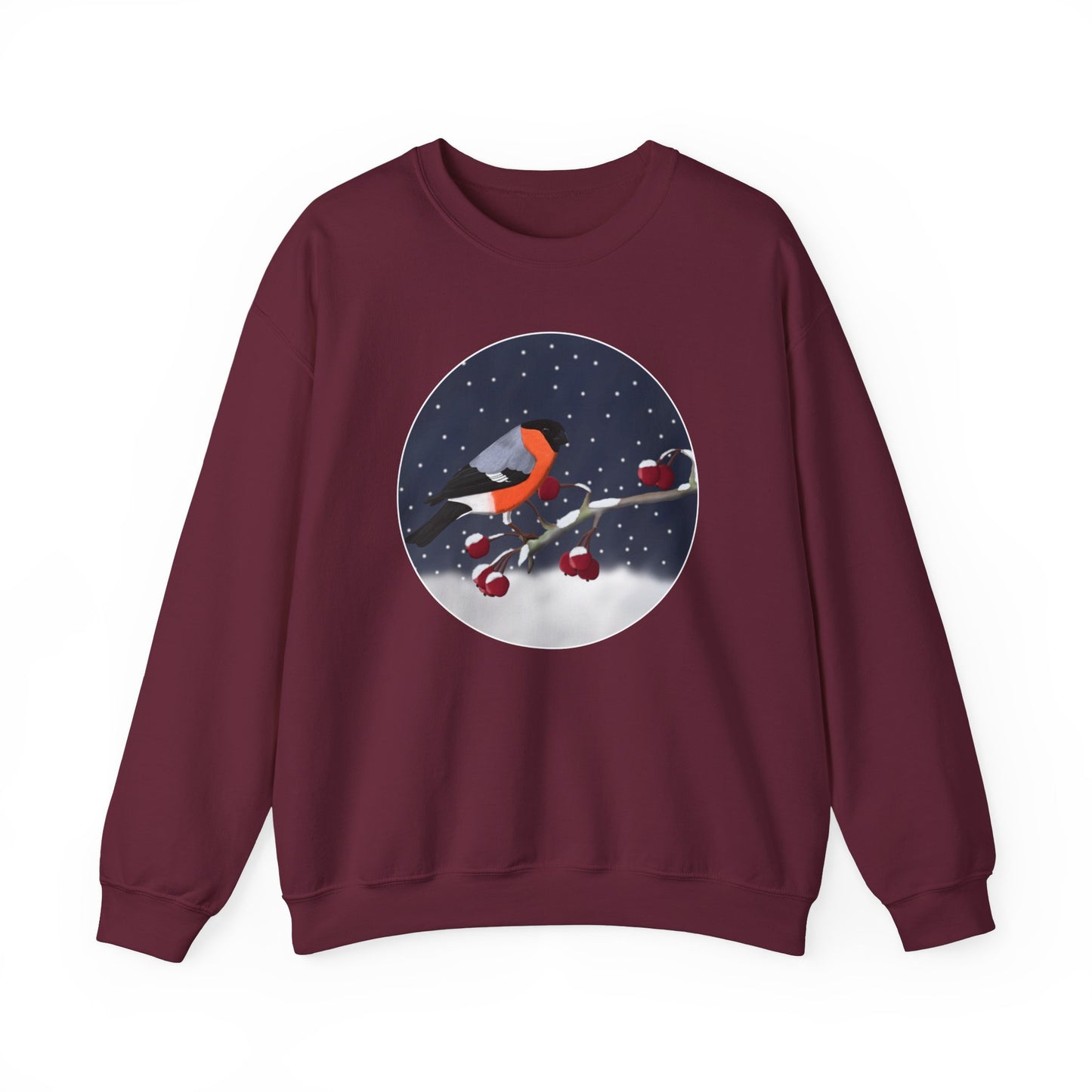 Bullfinch on a Winter Branch Birdwatcher Christmas Bird Sweatshirt