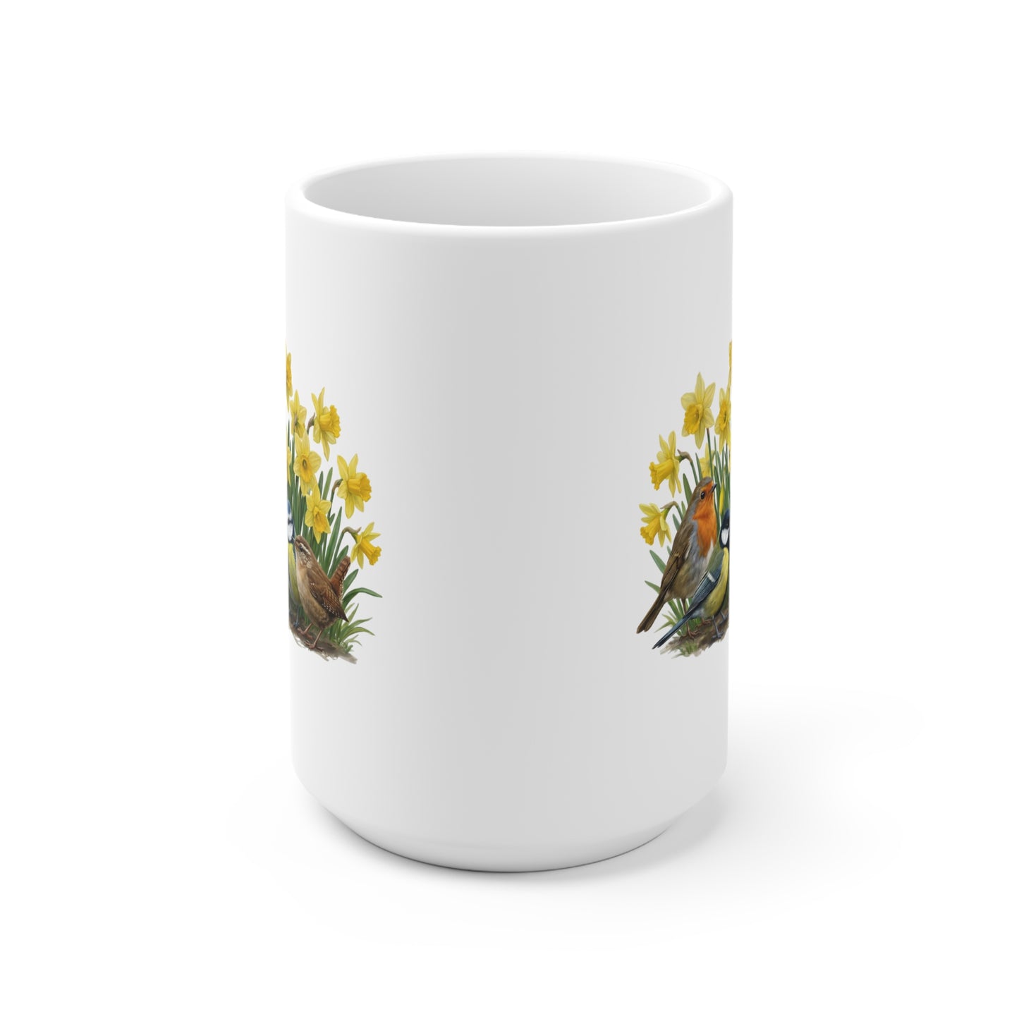 Kaninchen Rotkehlchen Meisen Zaunkönig mit Osterglocken Tasse - Oster-Geschenk für Vogelfreunde