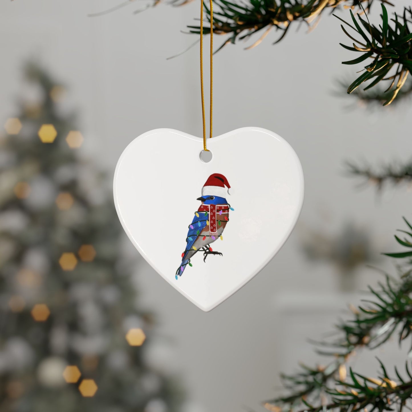 Bluebird as Santa Ceramic Bird Christmas Ornament | Durable Double-Sided Bird Lover Decor