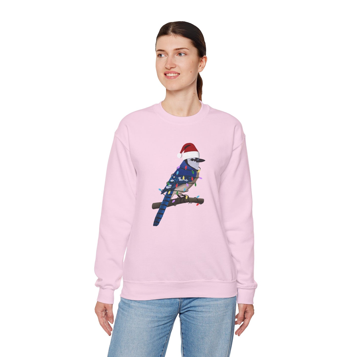 Blue Jay with Fairy Lights Santa Claus Christmas Bird Sweatshirt