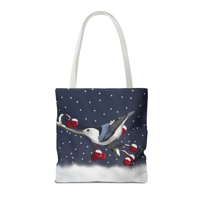 Nuthatch on a Winter Branch Christmas Bird Tote Bag 16"x16"