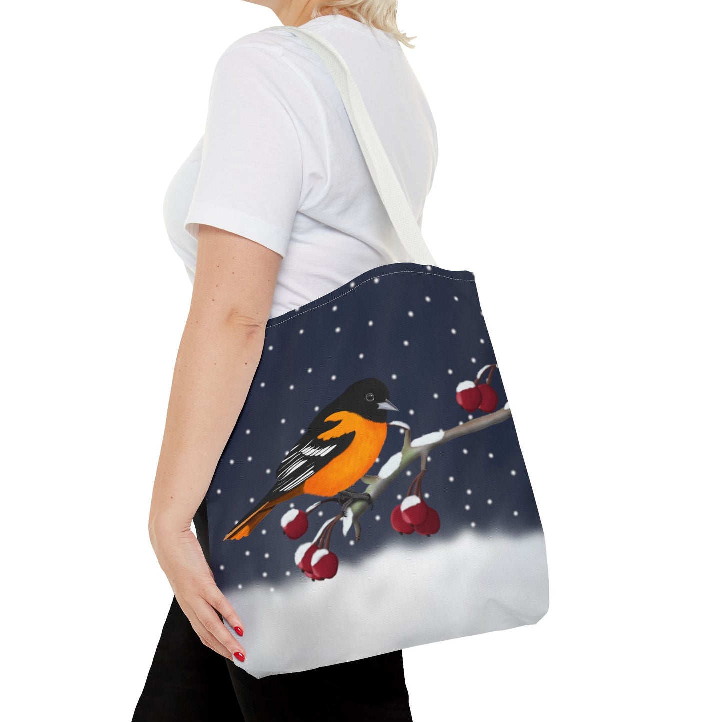 Baltimore Oriole on a Winter Branch Christmas Bird Tote Bag 16"x16"