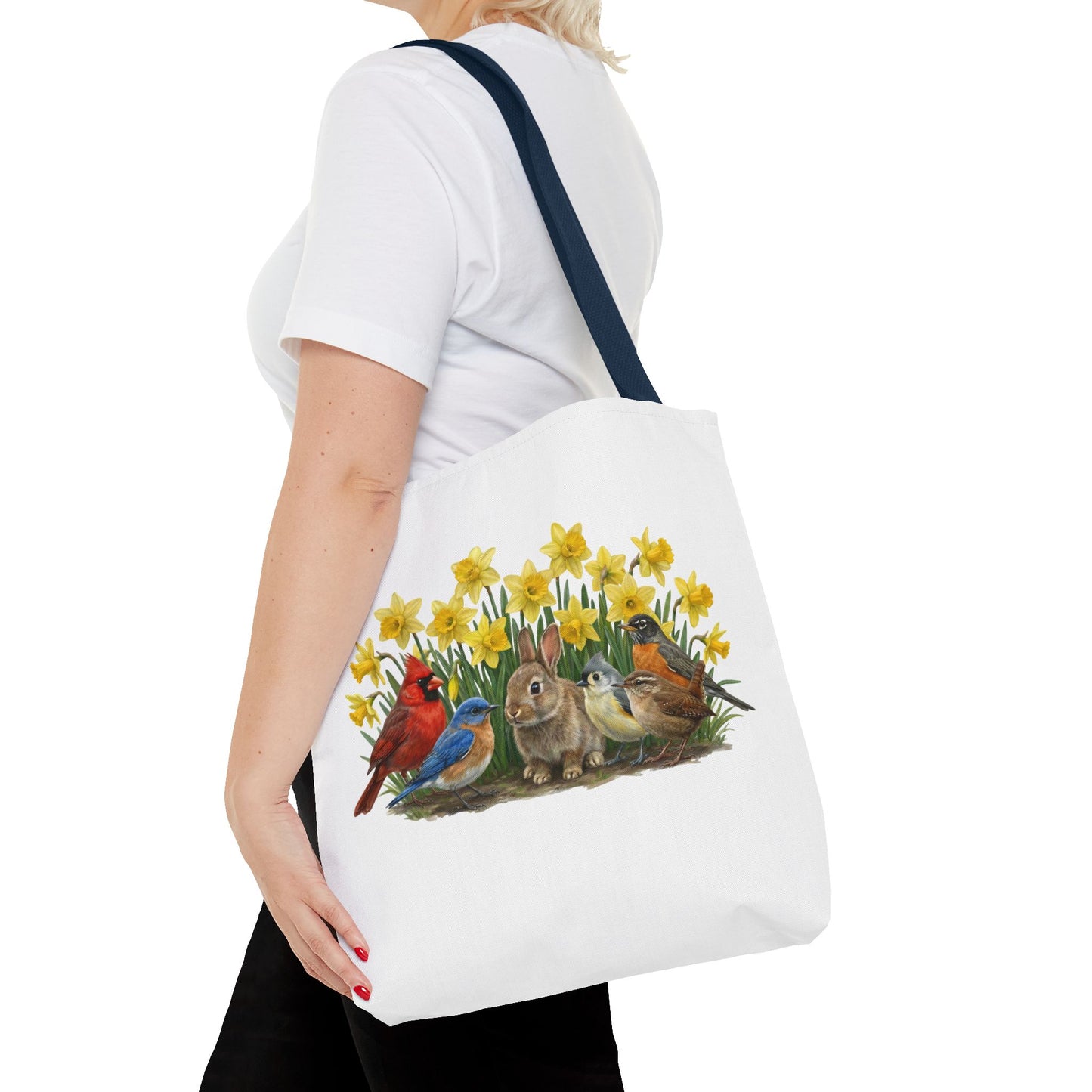 Spring Tote Bag – Cardinal, Bluebird & Bunny | Reusable Easter Basket & Market Shopper (16"x16")