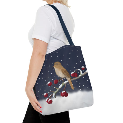 Nightingale on a Winter Branch Christmas Bird Tote Bag 16"x16"