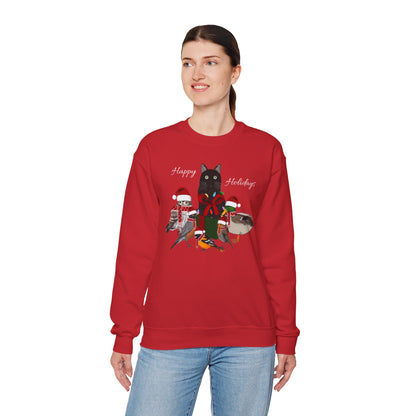 Robin Mallard Oriole Owl with Cat in a Box and Fairy Lights Happy Holidays Christmas Bird Sweatshirt